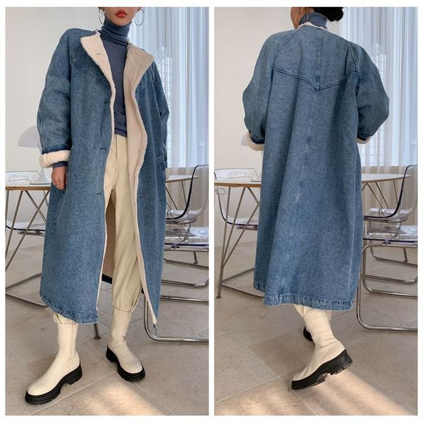 

2021 new women's denim furry jacket long sleeve o-neck single breasted fashion mid-length coat uh2l, Black;brown