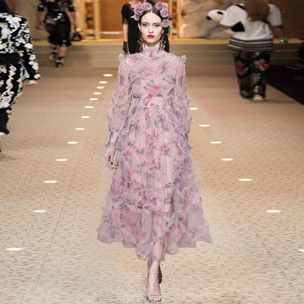 

casual dresses autumn pink mesh dress women's stand collar lantern sleeve floral print long vacation 211007mz02, Black;gray