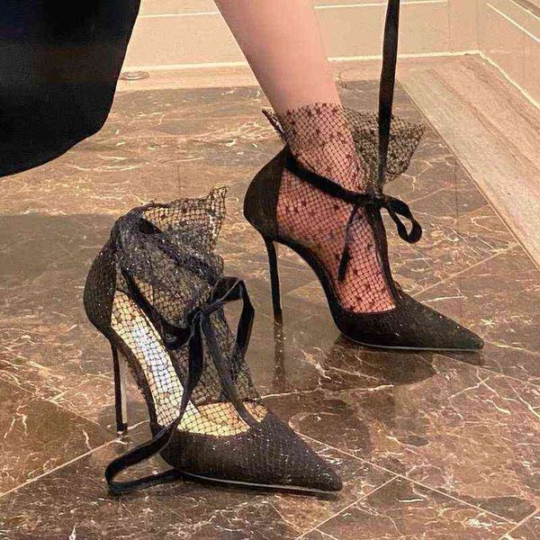 

dress shoes ladies 2022 new pumps woman shoes pointed peep toe v-mouth stilettos mesh lady ankle boot fairy high heeled heels 220217, Black