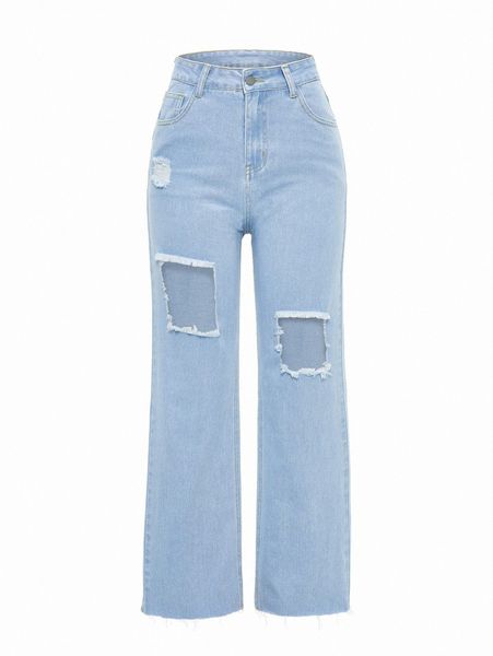 

ripped raw hem straight leg jeans f4dz#, Blue