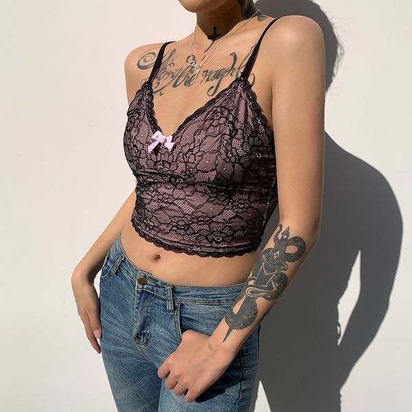 

goth aesthetic flower print lace tank for women dark academia fashion skinny camisole 2021 v-neck bow, White