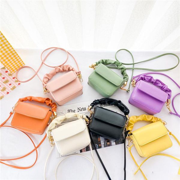 

girls princess handbags children solid color small square bag kids wrinkle handbag one-shouldered bags woman mini purlse, Black;red