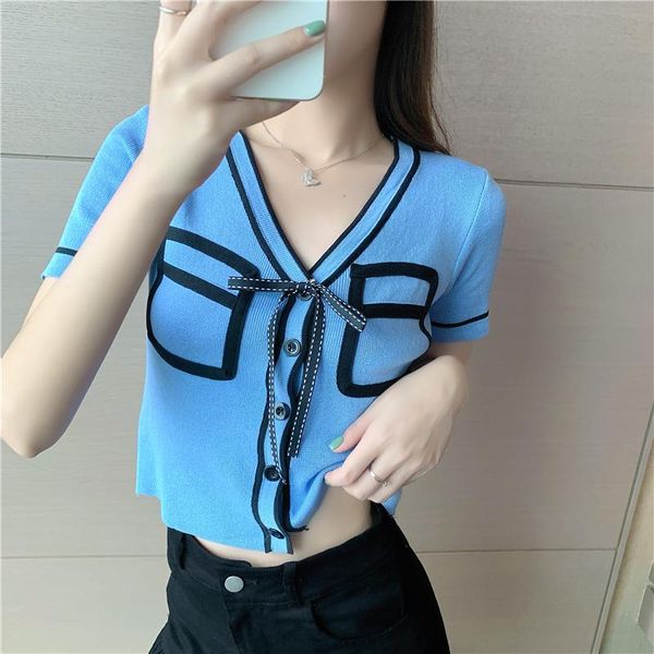 

women's knits & tees knit crop women v-neck knitted patchwork short sweaters cardigans lady thin summer cardigan for female jm1567, White