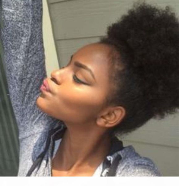 

drawstring human hair ponytail afro kinky malaysian virgin hair ponytail with clips in for women bun afro puff ponytail hair extensions 120g, Black