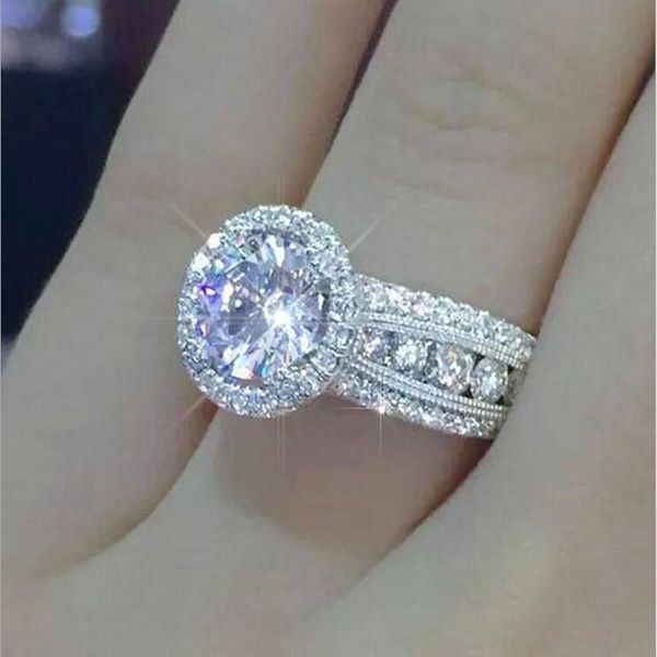 

wedding rings vintage fashion jewelry 925 sterling silver round cut big white cubic zirconia eternity women bridal ring gift, Slivery;golden