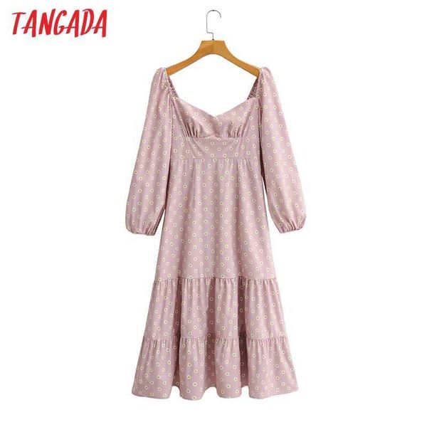 Tangada moda mulheres rosa flores impressão vestido de volta lace up lanterna manga longa casual fêmea midi vestido sy105 210609