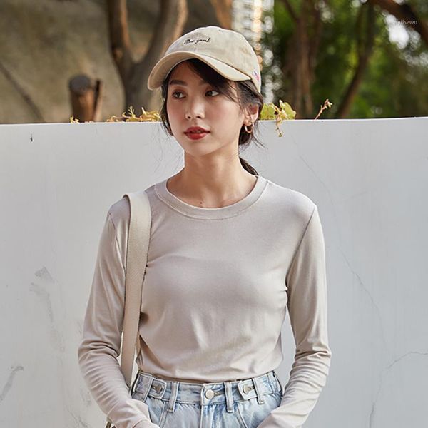 

korean fashion spring t shirt women casual slim solid long sleeve female o neck thin cotton basic simple tees t-shirt women's, White
