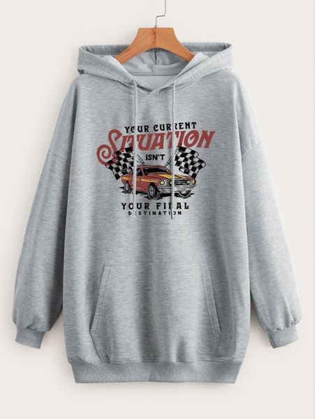 

car & slogan graphic drop shoulder drawstring hoodie a17p#, White;black