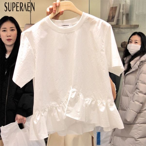 

superaen fashion white t-shirt women short sleeved solid color new ladies summer round neck female 210315