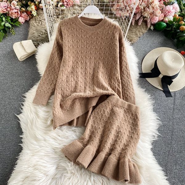 

2021 women's loose two piece set casual o-neck long sleeve pullovers jumper and high waist mermaid mini skirt female knit suit winter e, Black;gray
