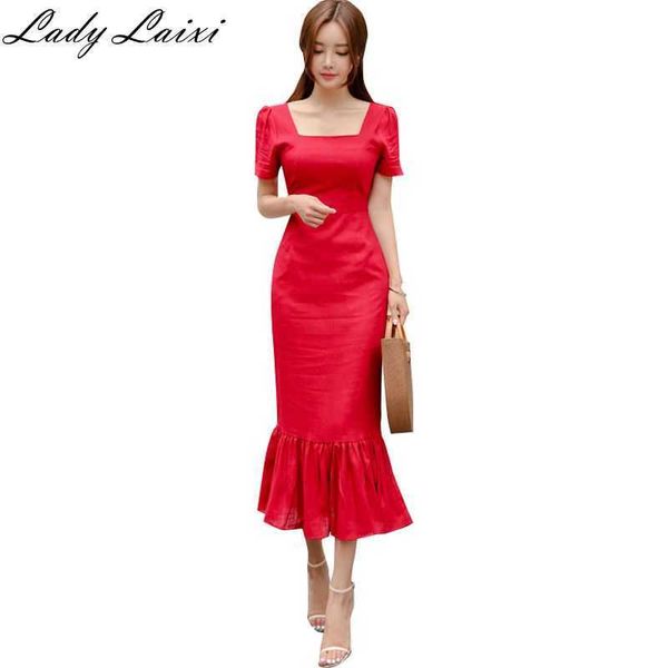 Sommer Koreanischen Stil Elegante Frauen Party Kleid Quadrat Kragen Empire Kurzarm Vintage Bodycon Meerjungfrau Kleider Vestidos 210529