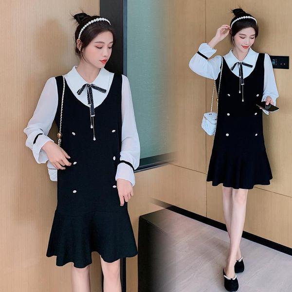 

maternity dresses 8186# dress spring autumn long sleeve false two-piece loose stylish for pregnant women mom, White