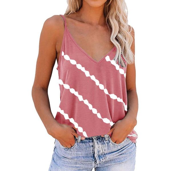 

women's t-shirt summer casual t shirt womens sling shirts v-neck striped print sleeveless 2021 ladies loose, White