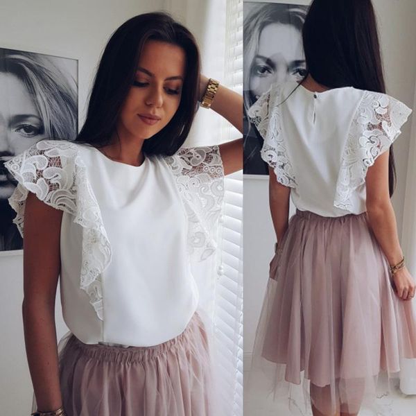 

women lace blouse elegant formal short sleeve white shirts office lady hollow out fashion female chemise clothing summer
