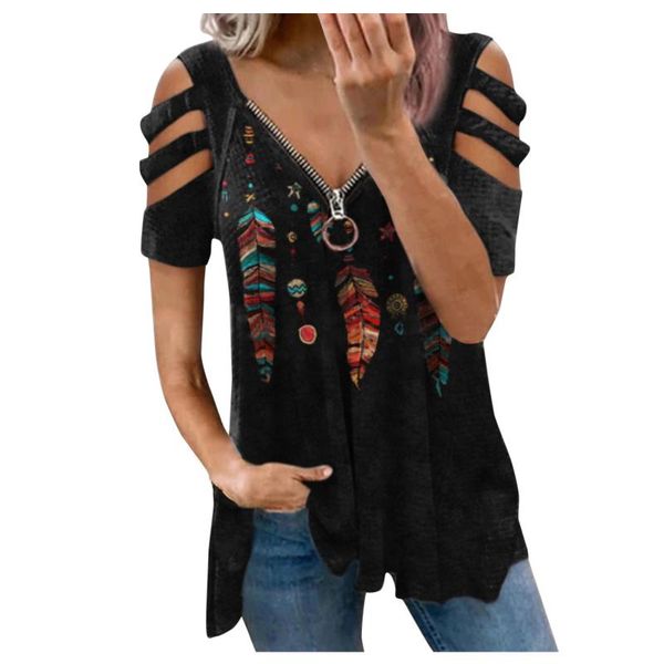 

women's t-shirt western style printed v-neck zipper strapless short-sleeved oversized clothing shirt summer top, White