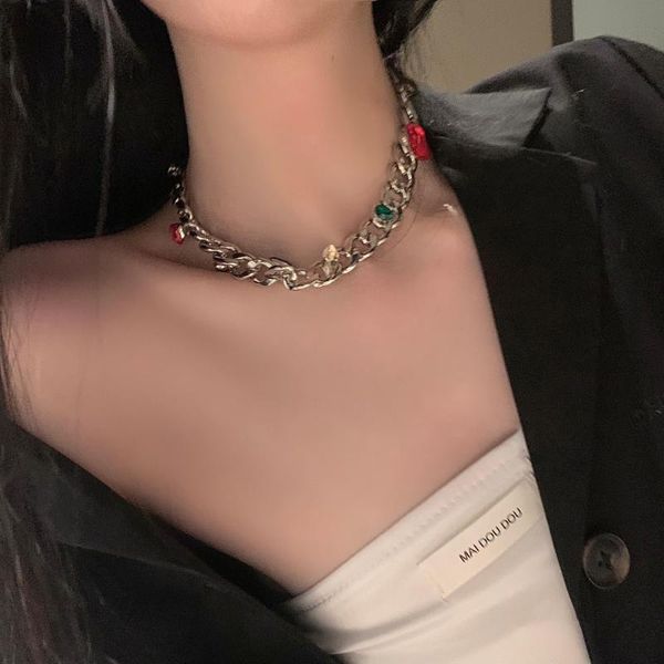 

chains cuba chain red, green, light blue gem crystal necklace female luxury niche ins tide hip-hop neck short circle, Silver
