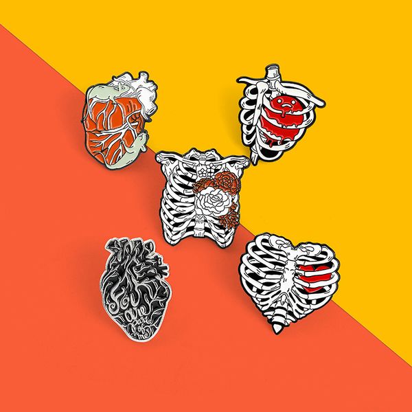 

creative heart organ ribs brooches set 5pcs cartoon enamel paint badges for girls alloy lapel pin denim shirt punk cool jewelry gift bag hat, Gray