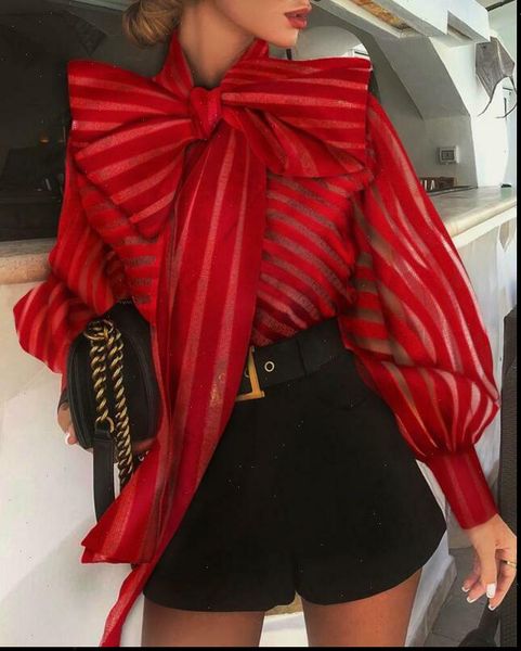 

women mesh shirt casual long lantern sleeve striped ol blouse formal shirts basic red black long sleeve autumn, White