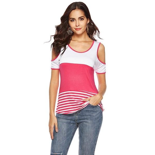

women's t-shirt women summer 2021 casual short sleeve tees off shoulder striped patchwork o-neck loose shirts for femme, White