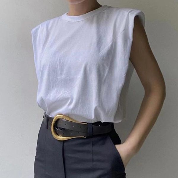 

2021 office lady tank women fashion sleeveless soild shirts with shoulder pad summer loose casual elegant clothes, White