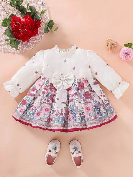 

baby floral print frill neck flounce sleeve bow front dress she, Red;yellow