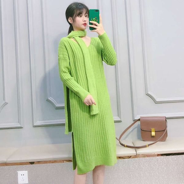 

2 autumn and winter solid color elegant long sleeve medium length slim comfortable simple wool dress with scarf 5199, Black;gray