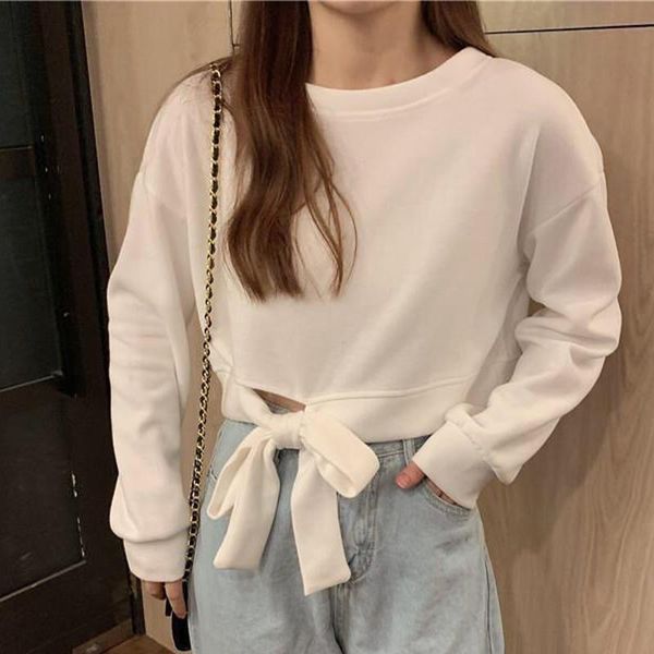 

women's hoodies & sweatshirts autumn bow lace up short long sleeve o-neck female pullovers solid streetwear casual loose ladies sweatsh, Black