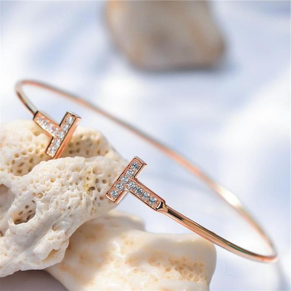 

bangle 2021 simple geometric double t-shaped diamond rose gold bracelet fine open jewelry female, Black