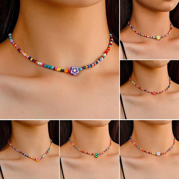 

chokers handmade polymer clay fruit pendant necklace gifts multiple summer bohemia colorful beads flower necklaces for women, Golden;silver