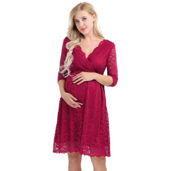Damen Umstandskleid, elegantes Blumen-Spitzen-Overlay, V-Ausschnitt, halbe Ärmel, knielang, schwangeres Fotografie-Kleid für formelle Abendparty, Y0924