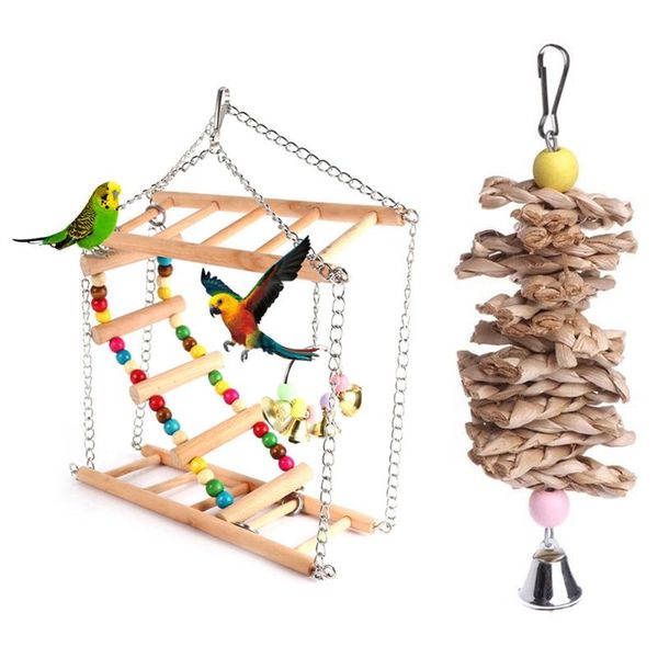 

other bird supplies aaak -2 pcs parrots toys: 1 grass chewing bite hanging cage & swing exercise climbing ladder bridge