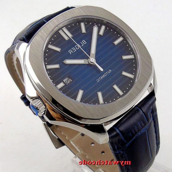 

39mm bliger blue dial date window sier coating bezel leather strap sapphire glass luminous hands automatic men watch, Slivery;brown