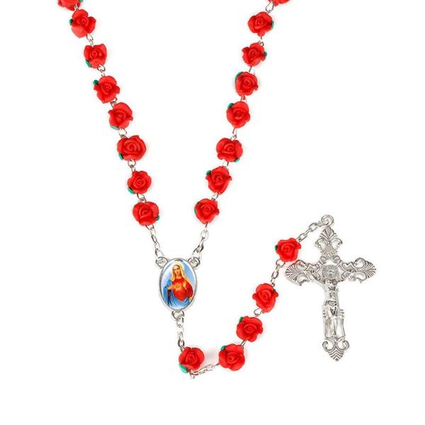 Collane con ciondolo Collana cattolica con rosario in argilla polimerica con perline rosa con croce religiosa crocifisso con medaglia del suolo santo