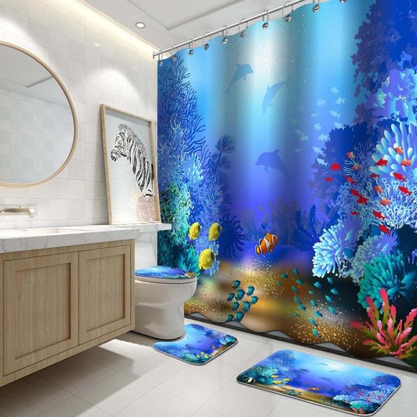 

shower curtains 4pcs curtain sets, underwater coral reef polyps algae dolphins and goldfishes bubbles in deep ocean print,bathroom set