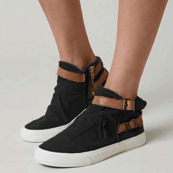 

2020 woman canvas flats vulcanized high women woman zip womens buckle strap footwear ladies comfort shoes plus size 43 l92t#, Black