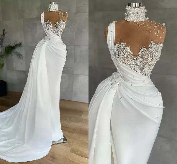 2022 Designer Sereia Vestidos de Noiva de Laço Applique Pérolas Frisadas Rhinestones Ilusão Pescoço High Neck Sweep Trem Cetim Custom Feito no Casamento Vestido de Novia