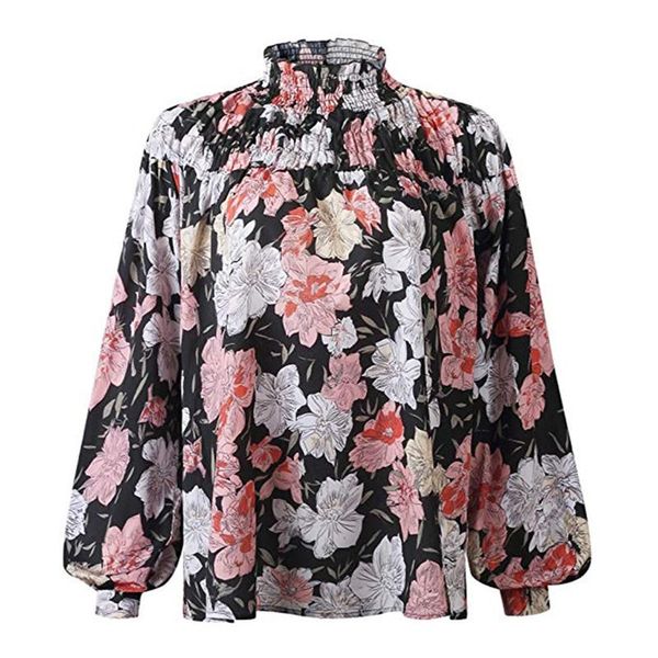 

vintage flower printed blouse high neck ruched women chiffon shirts lantern sleeve loose shirt long sleeve boho blouses, White