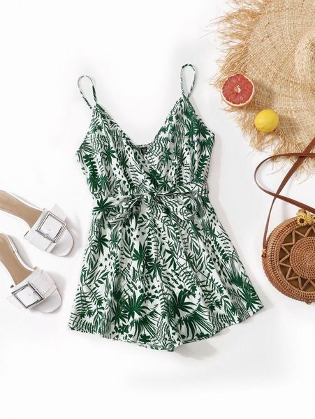 

plus tropical print belted cami romper n8kc#, Black