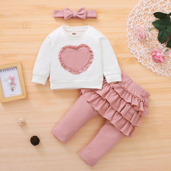 

clothing sets 3pcs babi girl clothes set long sleeve spring/fall girls ruffles sweater and pink pants headband suits toddler outfits1, White