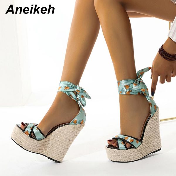 

sandals aneikeh women's 2021 summer fashion microfiber wedges open ankle strap butterfly-knot sweet party lace-up size 35-42, Black