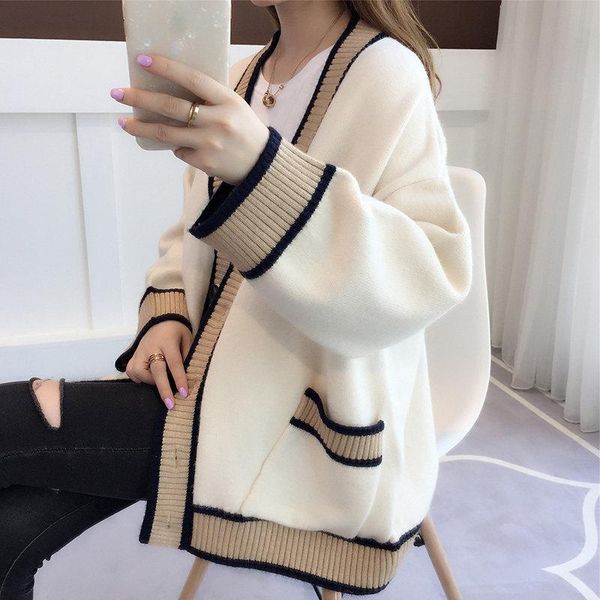 

women's knits & tees autumn loose cardigan women sweater korean fashion v-neck female jacket warm long sleeve casual knit coat, White