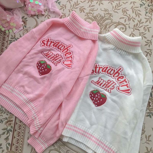 

winter play kawaii sweet turtleneck lolita girl sweater embroidered strawberry knitting female pullovers 8zk7, White;black