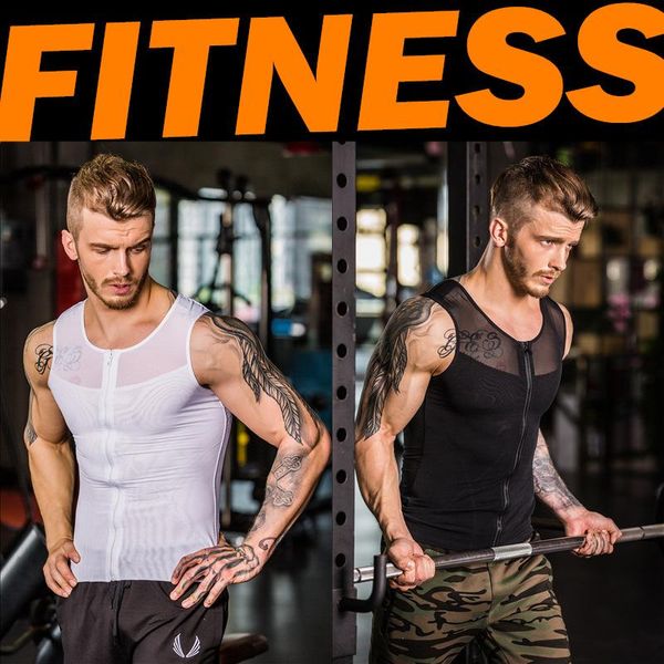 

men's body shapers slimming underwear compress shaper fitness tank control boobs male tummy trimmer zipper vest, Black;brown