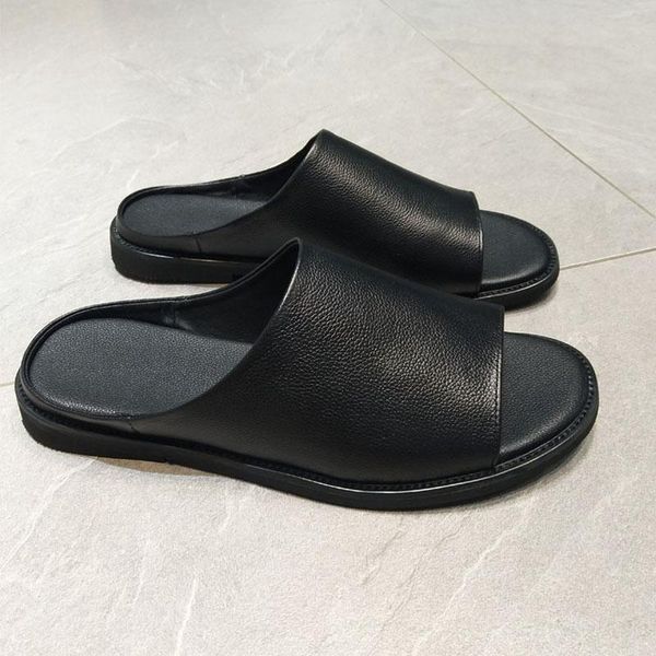 

slippers men summer cow leather sandals male genuine casual japan streetwear vintage beach sandal shoes, Black