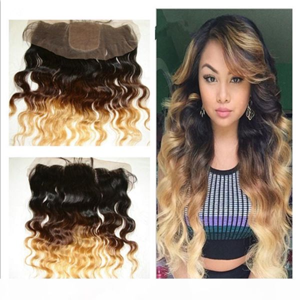 

9a brazilian ombre #1b 4 27 honey blonde 4x4 silk base lace frontal closure body wave three tone colored silk lace frontals, Black;brown