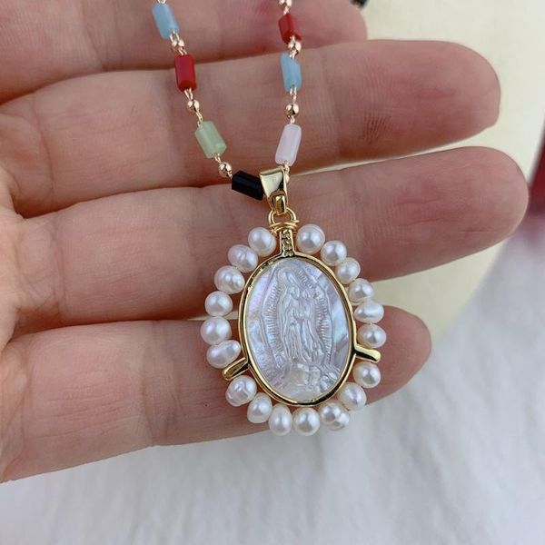 

pendant necklaces religious lady of guadalupe necklace for women 2021 natural freshwater pearl stone mop shell oval medal virgin jewelry, Silver