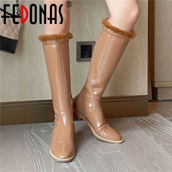 

fall winter warm knee high boots for women wide leg genuine leather thick heels shoes woman 210528, Black