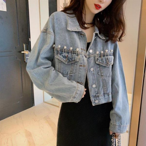 

female 2021 spring autumn new women korean fashion loose all-match long-sleeve single-breasted beaded denim jacket coat y322, Black;brown