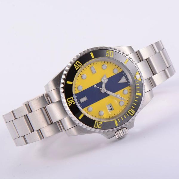 

wristwatches 40mm blue yellow dial sapphire glass black ceramic bezel date case cover miyota 8215 automatic men's wristwatch, Slivery;brown