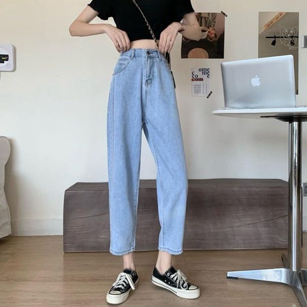 

women's jeans straight spring and autumn summer thin 2021 high waist loose versatile, slim nine point denim pants, Blue